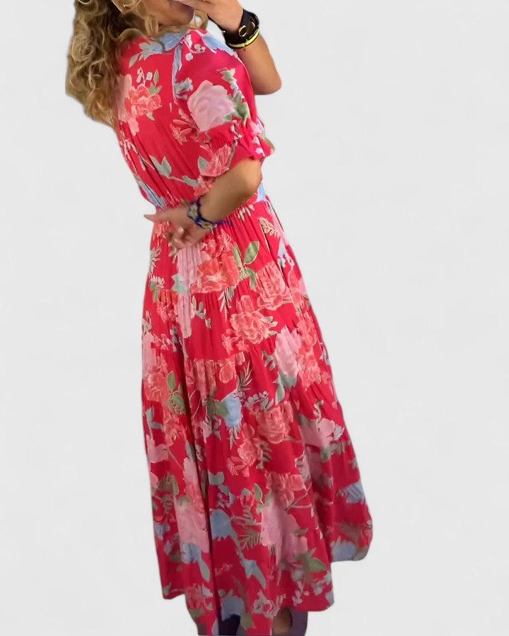 Minelda | Elegante Bloemige V-nek Jurk