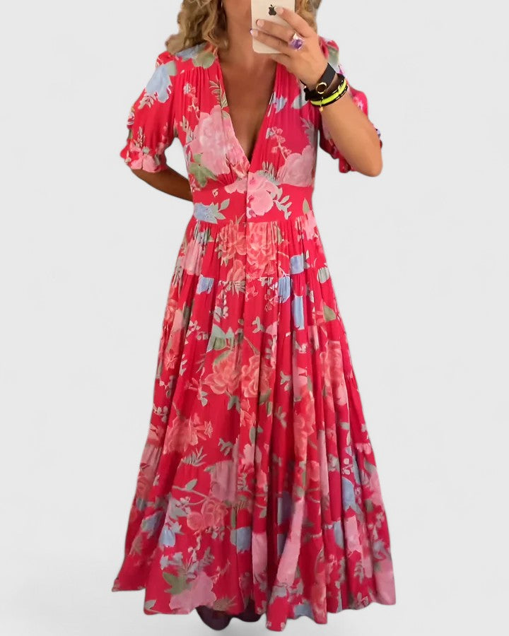 Minelda | Elegante Bloemige V-nek Jurk